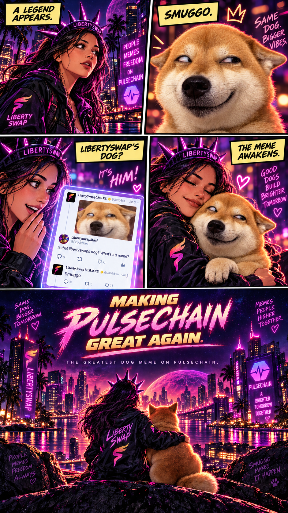SMUGGO comic 1: LibertySwap's heroine discovers Smuggo, embraces him, and looks over a neon PulseChain city with him.
